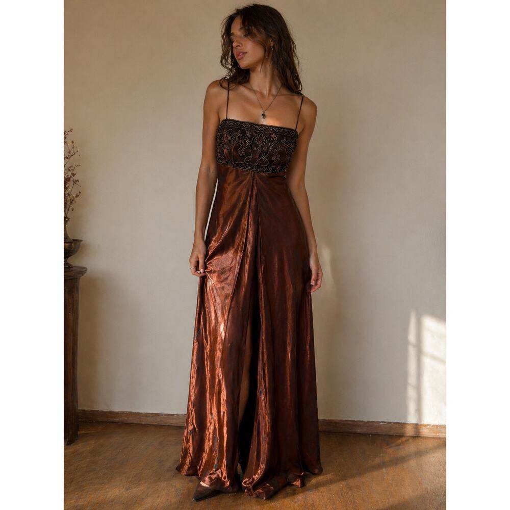 Vintage Morgan & Co Copper Satin Embroidered Maxi Dress 7/8 Y2K